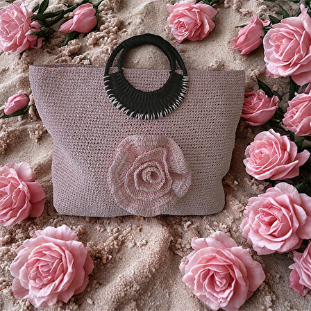 Pembe Gül detaylı Kağıt İp Plaj Çantası