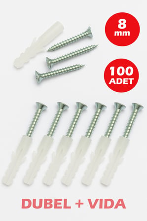 8mm Plastik Dübel + Vida Seti 100 Adet