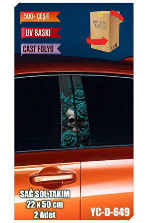 Araç Kapı Direk Kaplama Folyosu Kuru Kafa Desenli (SAĞ SOL TAKIM) (2 ADET) - 22x50 Cm