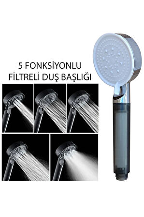 5 Fonksiyonlu Filtreli Duş Seti - Filtreli Duş Başlığı + Çelik Hortum 150cm + Mafsal