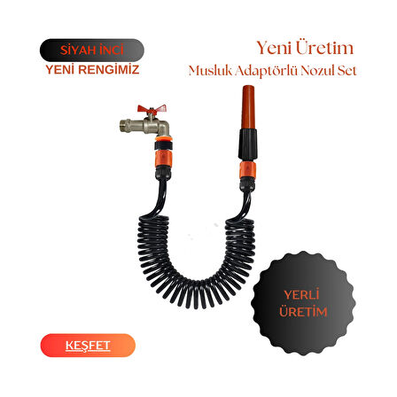 Plasyay Spiral Bahçe Sulama Veranda Balkon Araç Yıkama Musluk Adaptörlü ve Ayarlı Nozul (Lans) Başlıklı Siyah Inci 2.5 Metre