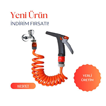 Plasyay Spiral Yıkama Sulama Hortumu Kelepçe Adaptörlü ve Yeni Fiskiye Başlıklı 5 Metre Setler