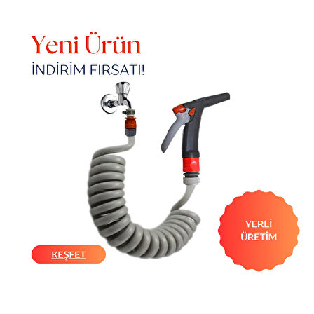 Plasyay Spiral Yıkama Sulama Hortumu Kelepçe Adaptörlü ve Yeni Fiskiye Başlıklı 3.5 Metre Setler