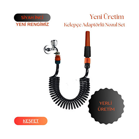 Plasyay Spiral Bahçe Sulama Veranda Balkon Araç Yıkama Kelepçe Adaptörlü ve Ayarlı Nozul (Lans) Başlıklı Siyah Inci 5 Metre