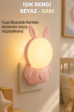Gece Lambası Tavşan Tip 2 MOD Sarı-Beyaz Işık Tuşlu Koridor Hol Işığı Uyuma Işığı Pembe K6821