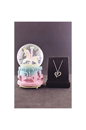 Sevgiliye Hediye Unicorn Orta Boy Kar Küresi Işıklı Müzikli 12CM ve Zirkon Taş Kolye Set
