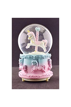 Sevgiliye Hediye Unicorn Orta Boy Kar Küresi Işıklı Müzikli 12CM ve Zirkon Taş Kolye Set