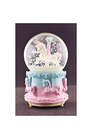 Sevgiliye Hediye Unicorn Orta Boy Kar Küresi Işıklı Müzikli 12CM ve Zirkon Taş Kolye Set