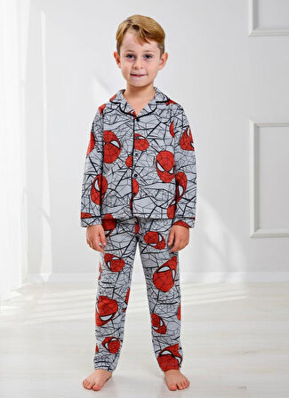 Erkek Çocuk Örümcek Desenli Düğmeli Alt Üst Pijama Takımı