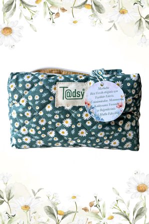 Tadsy Papatya Desenli Pamuklu Makyaj Çantası Fermuarlı Yeşil 22x12x10 cm