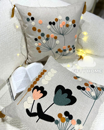 1 adet püsküllü punch kırlent kılıfı 43 x 43 cm yastık kılıfı keten