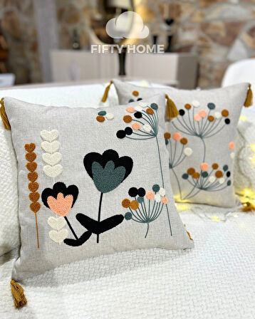 1 adet püsküllü punch kırlent kılıfı 43 x 43 cm yastık kılıfı keten