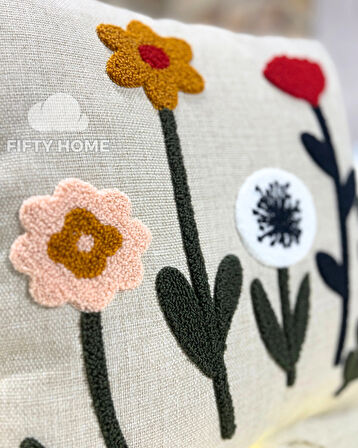 1 adet püsküllü punch kırlent kılıfı 43 x 43 cm yastık kılıfı keten