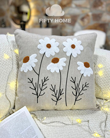 1 adet püsküllü punch kırlent kılıfı 43 x 43 cm yastık kılıfı keten