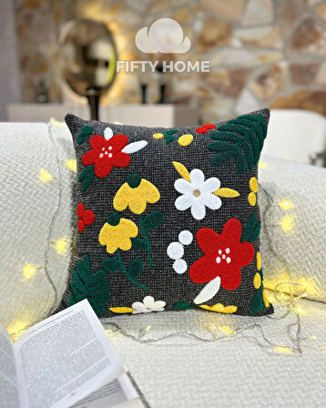 1 adet püsküllü punch kırlent kılıfı 43 x 43 cm yastık kılıfı keten
