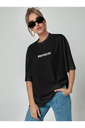 Brooklyn Baskılı Oversize Unisex Fit Bisiklet Yaka Kısa Kollu 2'li Pamuklu Penye Tişört