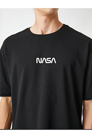 Nasa Baskılı Unisex Oversize Siyah Tişört