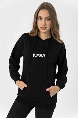 Nasa Baskılı Unisex Şardonlu Kanguru Cepli Kapüşonlu Siyah Sweatshirt