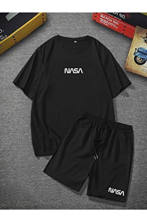 Nasa Baskılı Unisex Siyah Oversize Bol Kalıp T-shirt Şortlu Alt Üst İkili Takım