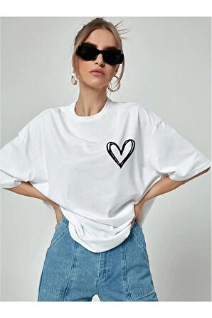 Unisex Oversize Bol Kesim Baskılı Bisiklet Yaka T-shirt