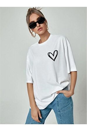 Unisex Oversize Bol Kesim Baskılı Bisiklet Yaka T-shirt