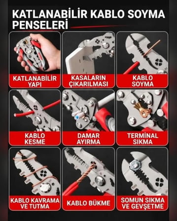 Çok Fonksiyonlu Katlanabilir Kablo Sıyırma ve Pense 0.8-2.6 mm KABLO aralığı 