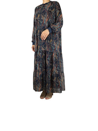 KADIN ŞAL DESENLİ İÇİ ASTARLI UZUN ŞİFON ELBİSE