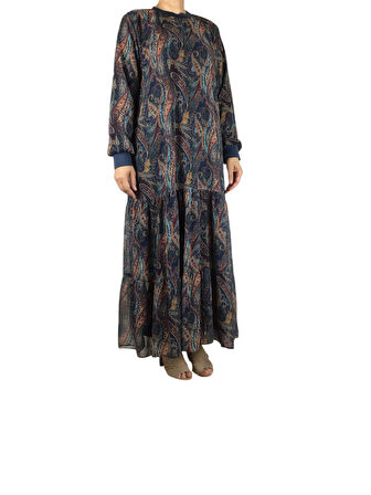 KADIN ŞAL DESENLİ İÇİ ASTARLI UZUN ŞİFON ELBİSE