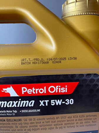 Petrol Ofisi Maxima XT 5W-30 5 Litre Sentetik Motor Yağı (07/2025 Üretim)