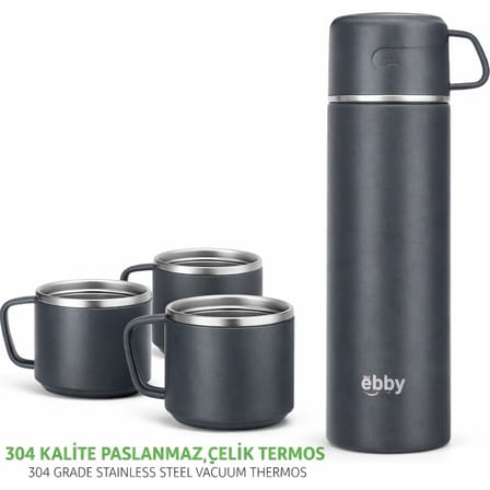 Paslanmaz Çelik Termos Seti 3 Bardaklı Vakumlu Termos 500 ml Sıcak Soğuk Tutma Özellikli