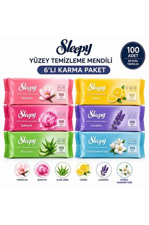 Yüzey Temizleme Mendili 6'lı Karma Paket Manolya Şakayık Aloe Vera Limon Lavanta Yasemin Çok Amaçlı Islak Temizlik Mendili