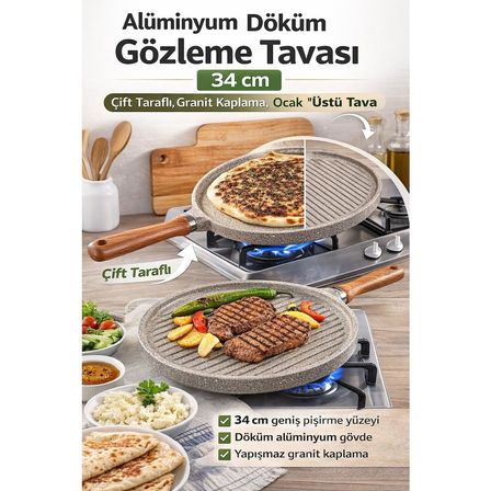 Alüminyum Döküm Gözleme Tavası 34 cm Granit Kaplama Çift Taraflı Ocak Üstü Tava