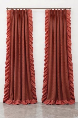 Ponpon Detaylı ve Kadife Fırfırlı Kiremit Keten Perde - Çift Kanat (2 Panel) - 1x2 Amerikan Pile