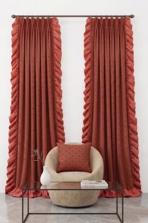 Ponpon Detaylı ve Kadife Fırfırlı Kiremit Keten Perde - Çift Kanat (2 Panel) - 1x2 Amerikan Pile