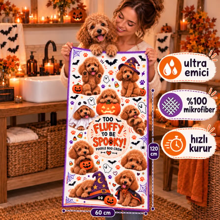 Kedi & Köpek Kurulama Havluları | Poodle Halloween | Büyük Boy | Hızlı Kuruyan 60x120CM