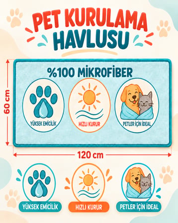  Kedi & Köpek Kurulama Havluları | Poodle Joy | Büyük Boy | Hızlı Kuruyan 60x120CM