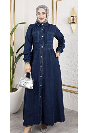 Kadın Belden Lastikli Cep Detaylı Kot Elbise