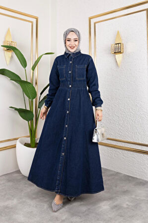 Kadın Belden Lastikli Cep Detaylı Kot Elbise