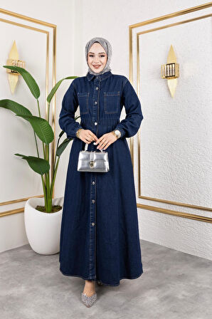 Kadın Belden Lastikli Cep Detaylı Kot Elbise