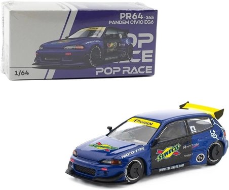 Pop Race 1:64 Honda Civic EG6 Pandem Blue Sunoco PR640365 Açılabilir Kaput Diecast Model Araba