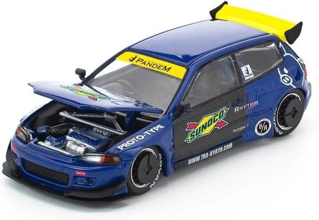 Pop Race 1:64 Honda Civic EG6 Pandem Blue Sunoco PR640365 Açılabilir Kaput Diecast Model Araba