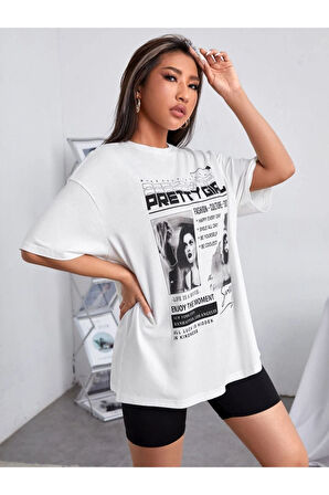 Unisex Beyaz Preetty Girtl Baskılı Oversize T-shirt