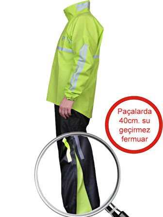 Motosiklet Yağmurluk Takım Prime Neon  0.44Mm. Kalın %100 Su Geçirmez Kumaş Fermuarlı Paça Reflektörlü