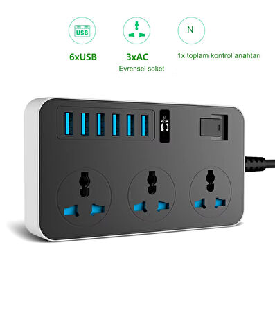 QASUL Kontrol Anahtarlı güç Kaynağı Kartı 3-AC (13A/3000W),  6 USB Şarj Portlu Soket (3.1A/5V) 1.8M Kablo Güç Adaptörü, Ofis Ev