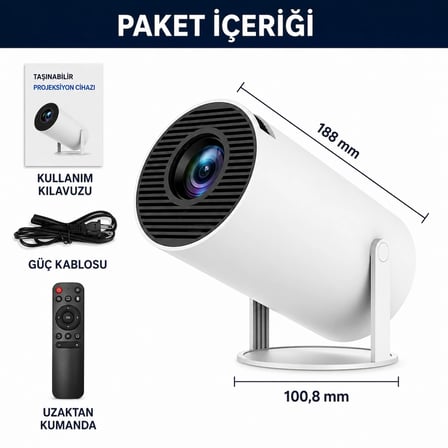 Unınet Bluetooth Android 11 Taşınabilir Ev Sineması Akıllı Projeksiyon Cihazı Beyaz
