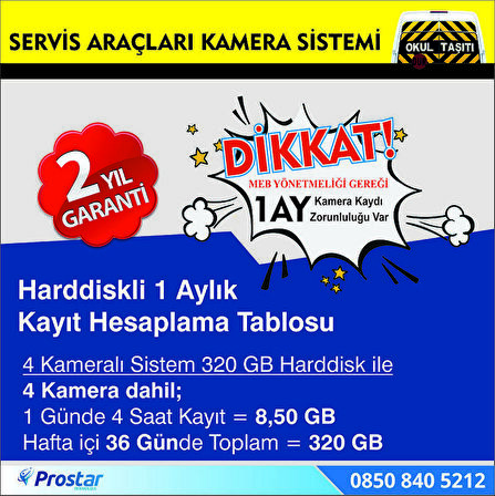 Kayıtlı Harddiskli Okul Servisi 4 Kameralı 320 GB Harddisk dahil Araç Kamera Seti