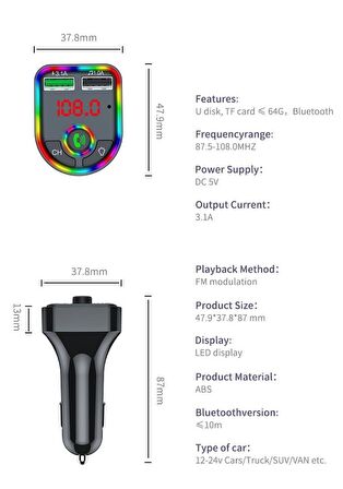 Anadolu Pars Bluetooth Araç Kiti Fm Transmitter 3.1A Hızlı Şarj Çakmaklık Şarjı Rgb Işıklı Concord C-163