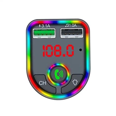 Bluetooth Araç Kiti FM Transmitter 3.1A Hızlı Şarj RGB Işıklı ConcordC-163