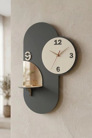 Fatoş Dekor Dekoratif & Şık Tasarım Mdf PORTICO raflı Duvar Saati (30x50 cm) - Antrasit Krem Gold
