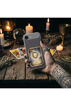 Tecno Camon 18P ile Uyumlu Burç Kartları Aslan Tasarımlı Şeffaf Silikon Kılıf